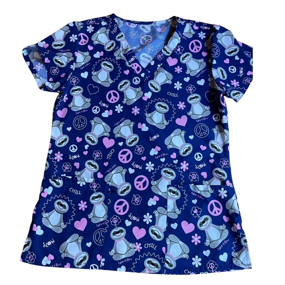 Women's Deep Purple Sloth Peace Sign Print‎ V-Neck Scrub Top Small